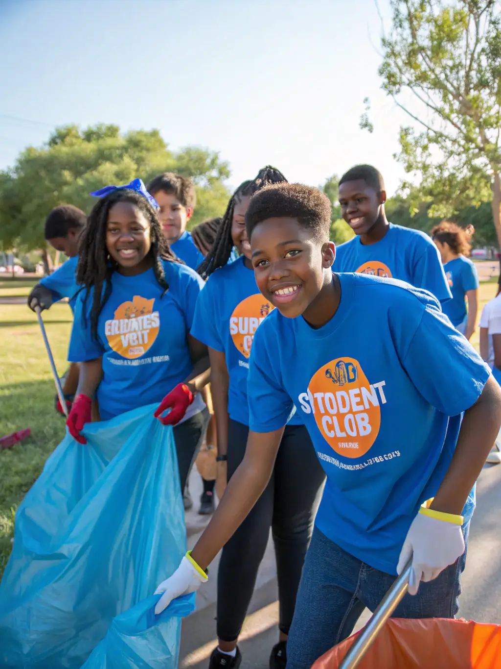 A picture of students working together on a community service project, such as cleaning up a local park or helping at a food bank.