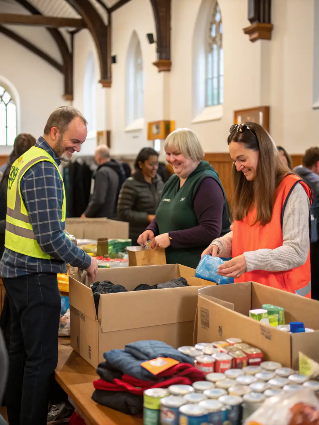 A heartwarming photo of students volunteering at a local charity, sorting donations and interacting positively with the recipients, demonstrating the impact of OCCE's community service initiatives.
