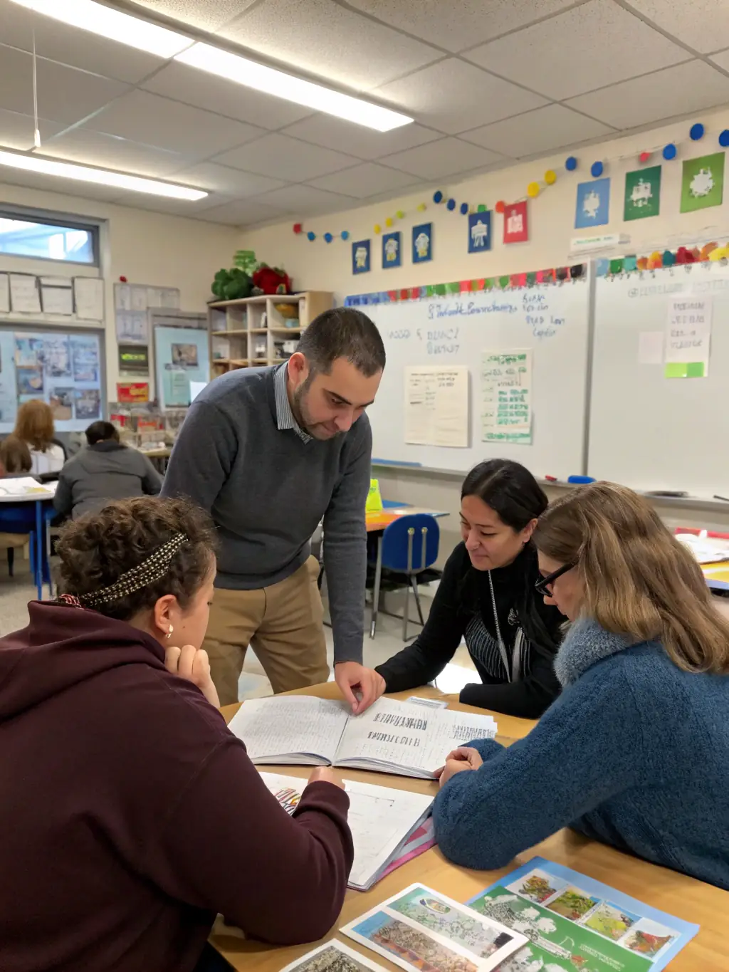 An image of teachers and OCCE staff collaborating to implement cooperative learning strategies in the classroom.