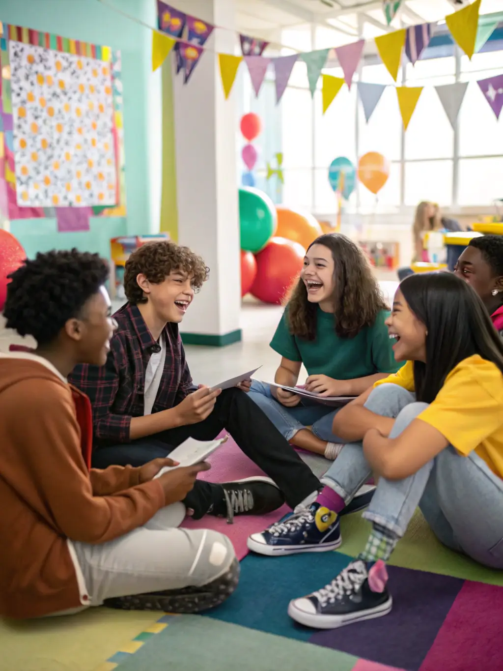A vibrant image of students participating in a civic engagement workshop, actively discussing community issues and brainstorming solutions with guidance from OCCE facilitators.