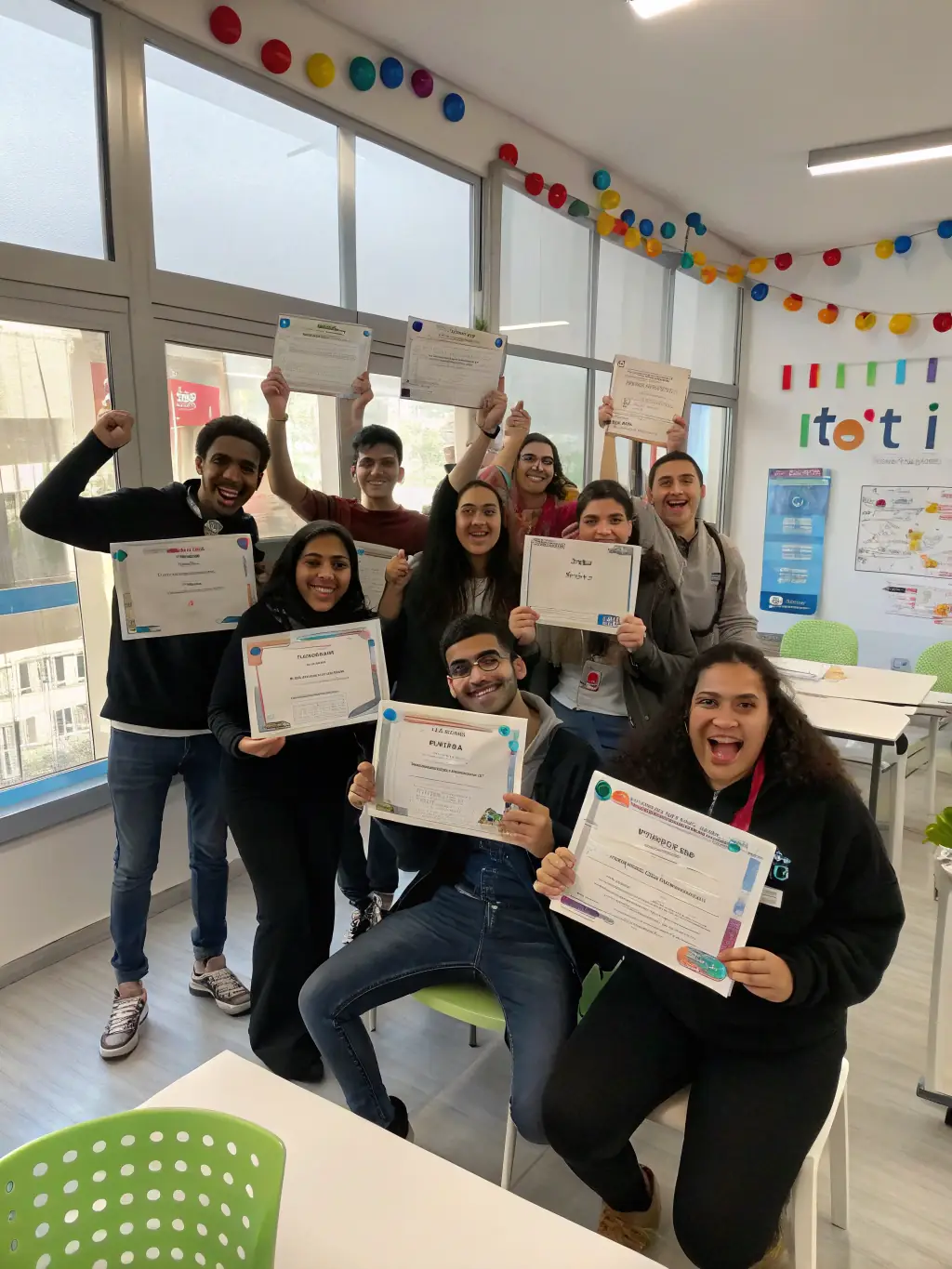 A group photo of students proudly displaying their certificates of completion from an OCCE-sponsored leadership training program, showcasing their growth and development as future leaders.