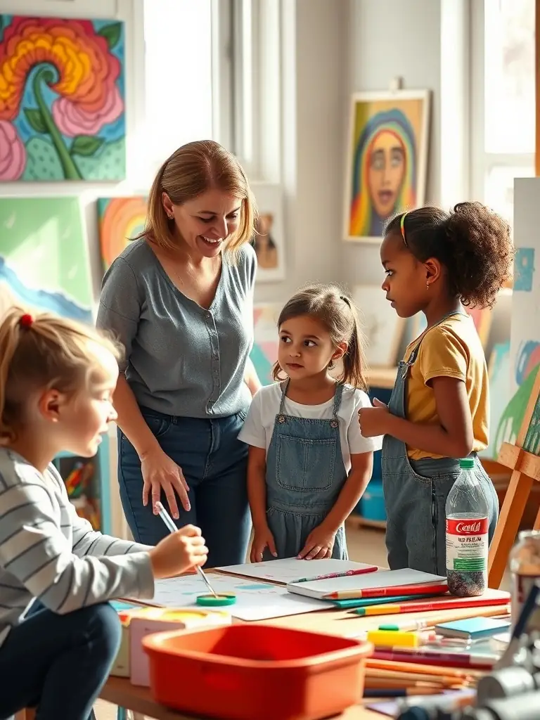 A classroom setting with children engaging in an art project guided by an instructor, illustrating PASSAGE A L ART's Educational Initiatives.