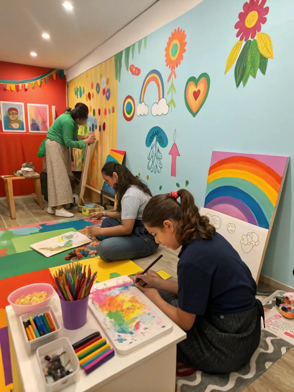 An image of diverse community members participating in a lively art workshop, with colorful paintings and musical instruments, showcasing PASSAGE A L ART's Cultural Workshops.