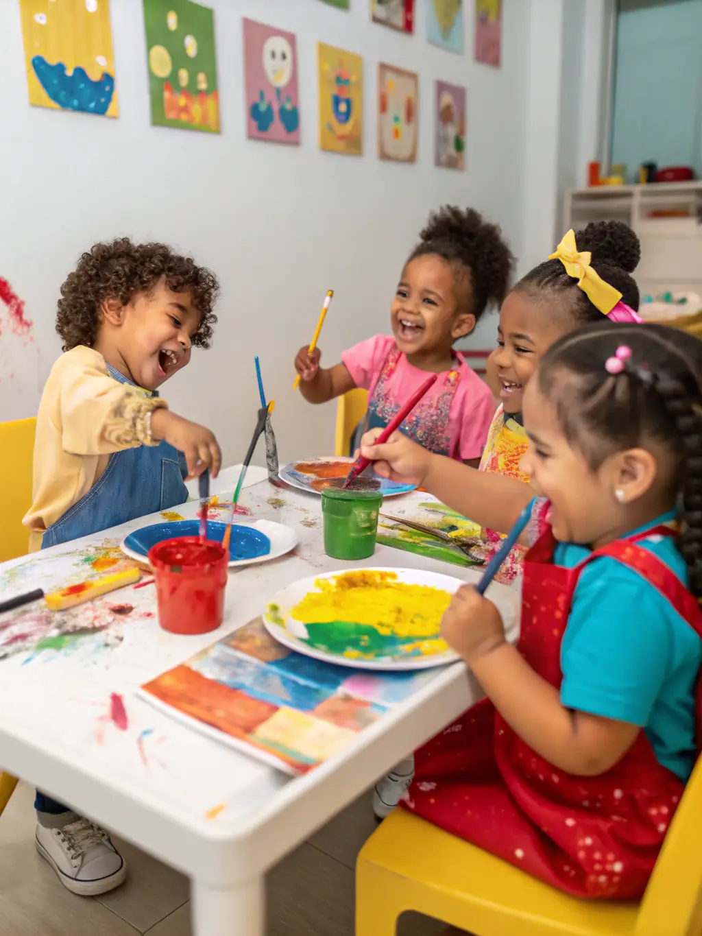 A vibrant photograph capturing children participating in a painting workshop, with colorful artwork displayed in the background, showcasing the cultural workshops offered by PASSAGE A L ART.