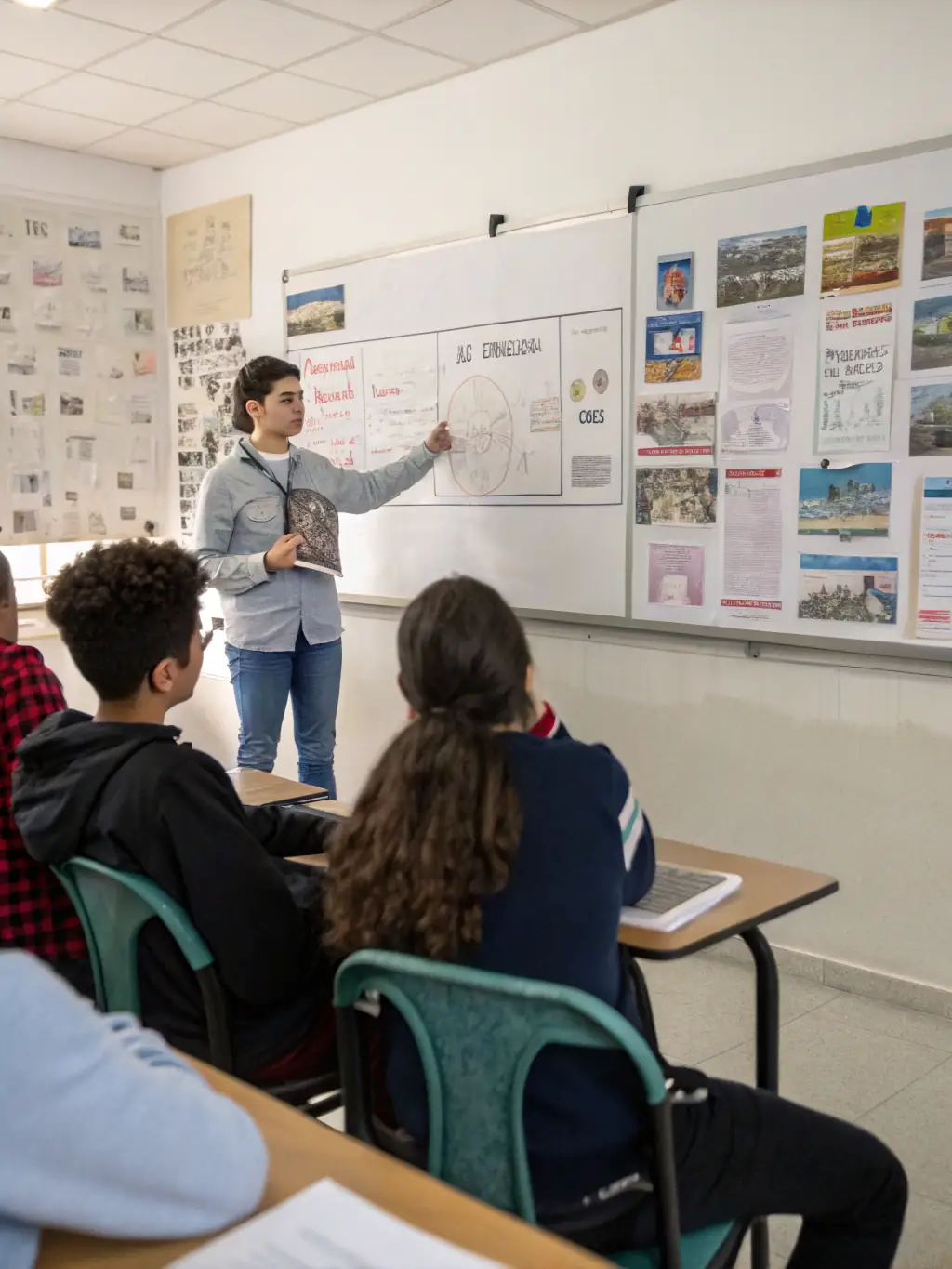 A photograph of students attentively listening to a lecture on art history, with historical artworks projected on a screen, illustrating the educational initiatives provided by PASSAGE A L ART.