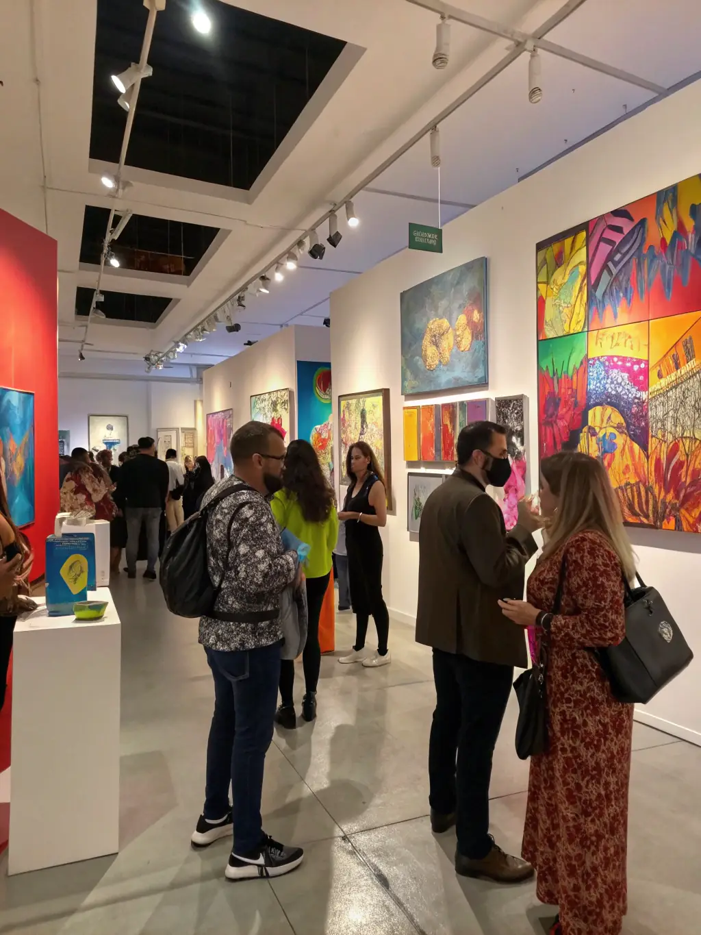 A dynamic image of a community event featuring local artists displaying their work, with people of all ages interacting and enjoying the exhibition, representing the community events organized by PASSAGE A L ART.