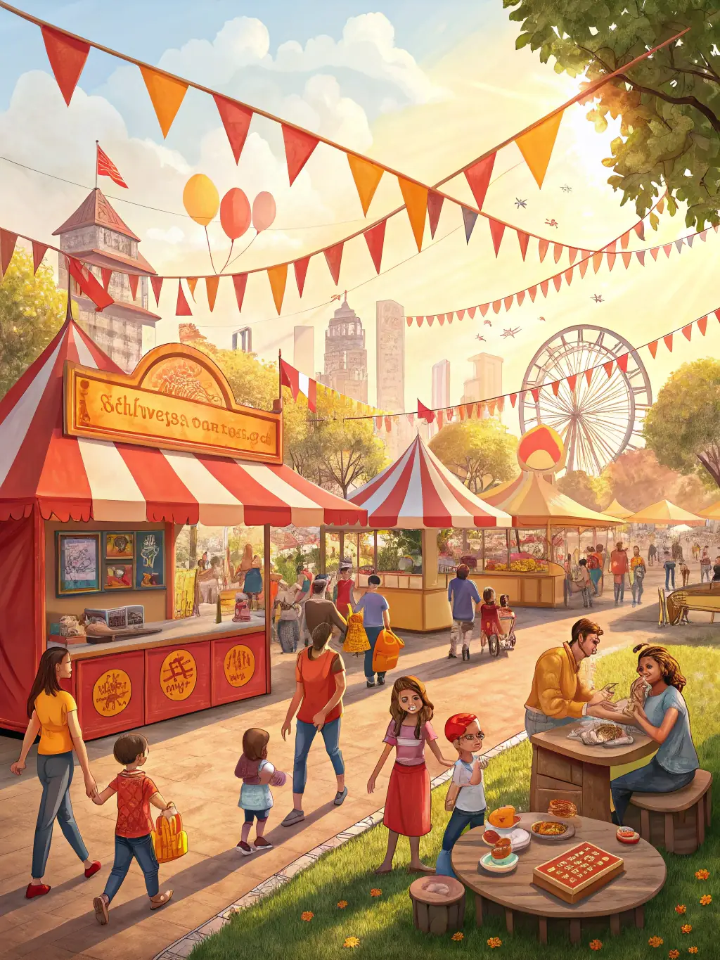 A vibrant outdoor festival scene with performers, art displays, and engaged audiences, representing PASSAGE A L ART's Community Events.