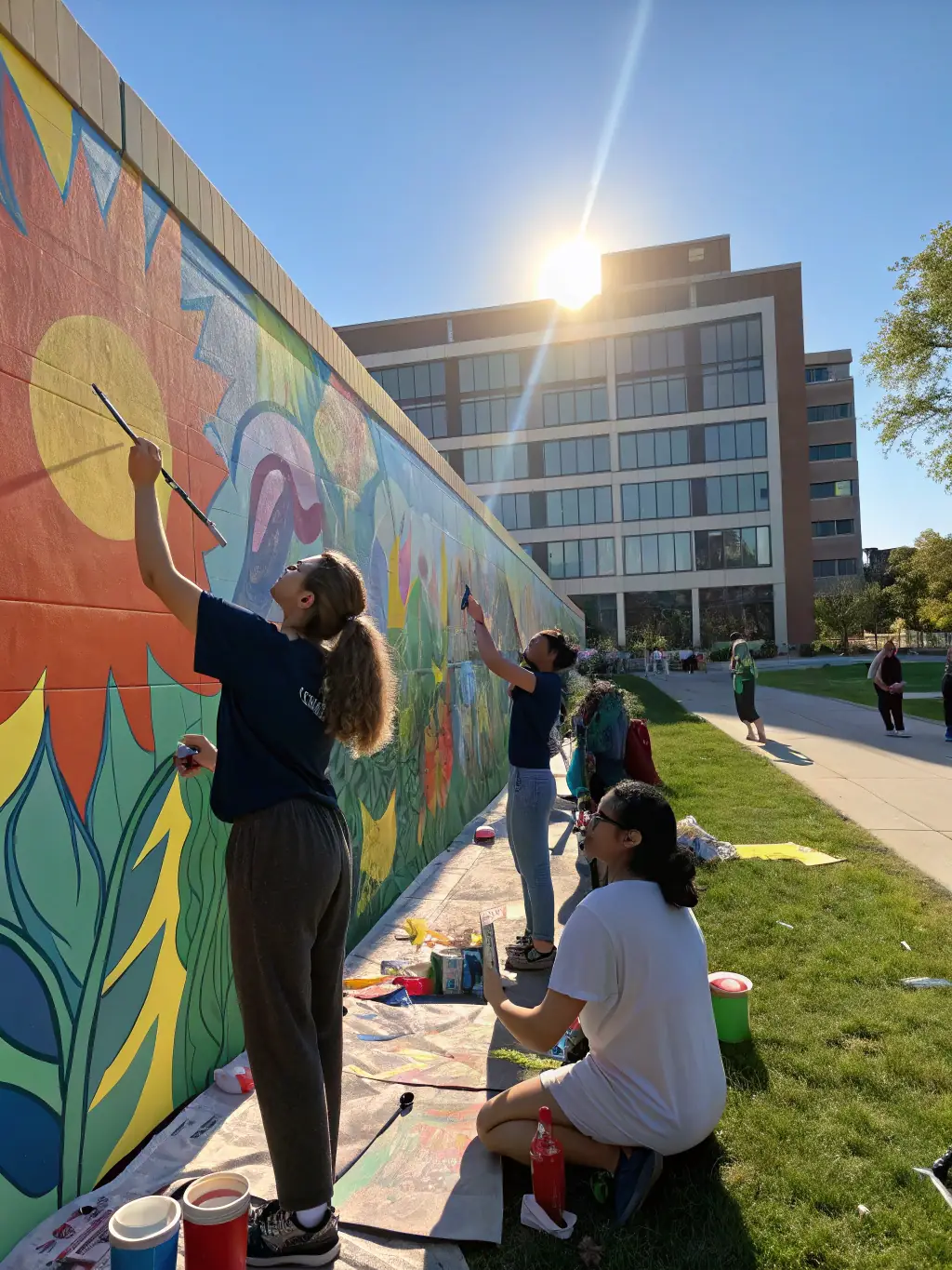 A photo of a group of teenagers working together on a mural, showcasing the collaborative art projects that PASSAGE A L ART facilitates to promote youth engagement and community beautification.