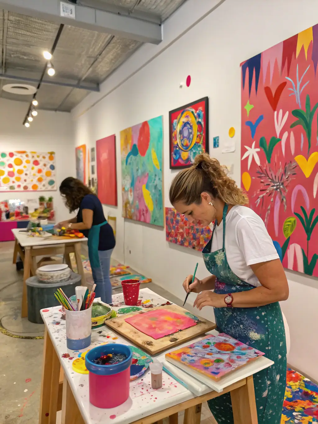 A photograph capturing the energy of a cultural workshop, with participants of various ages deeply engaged in painting, illustrating the organization's commitment to fostering creativity and community.