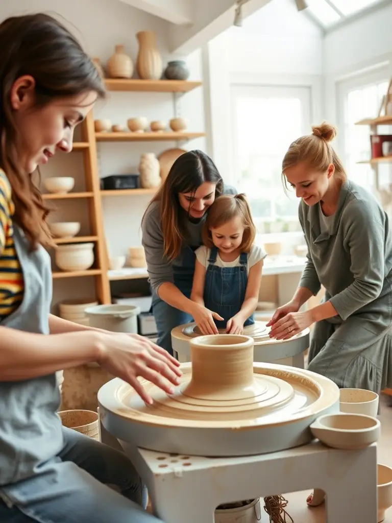 A group of senior citizens participating in a pottery class, smiling and creating art, representing PASSAGE A L ART's commitment to intergenerational cultural activities.