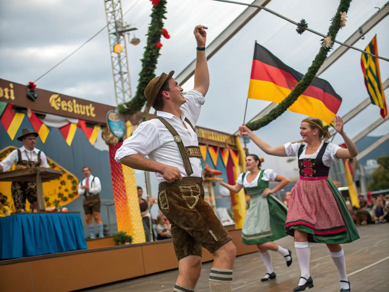 Children celebrating a traditional German festival, dressed in traditional attire and participating in cultural dances and performances.