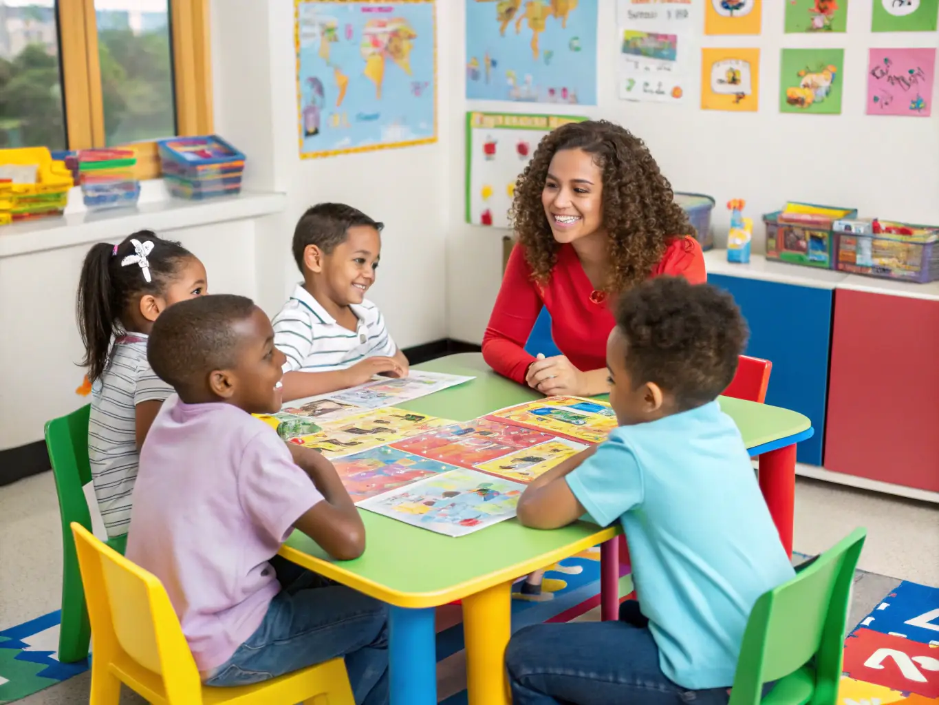 A classroom scene showing children engaged in bilingual activities with teachers guiding them in both languages.