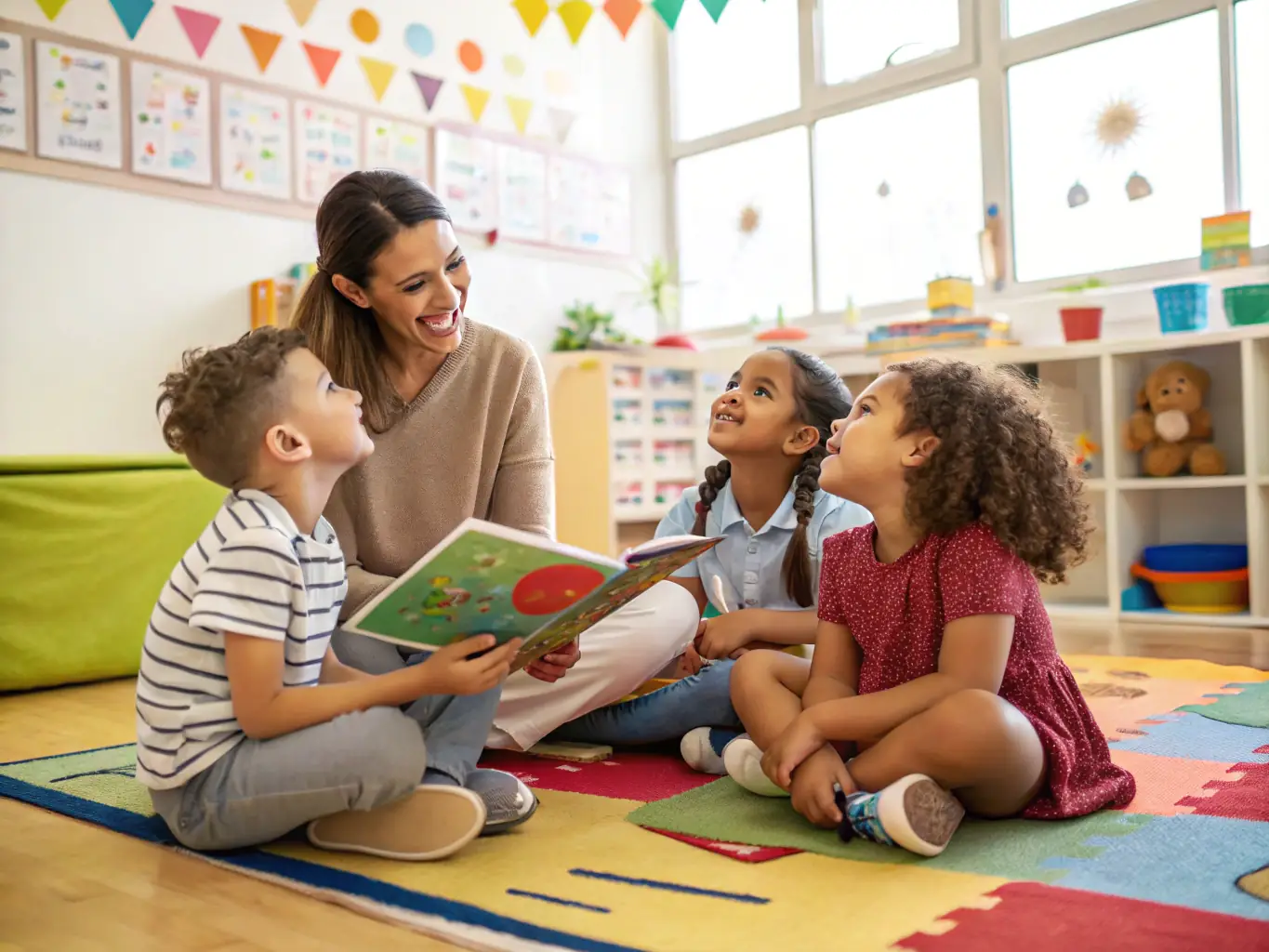 A teacher reading a bilingual storybook to a group of attentive children, highlighting the interactive learning environment.