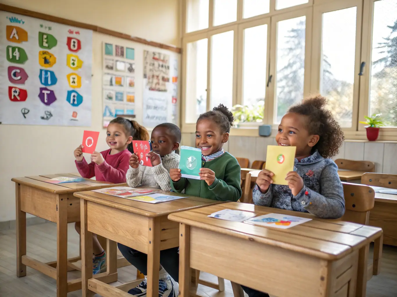 A group of children participating in a French language workshop, learning new vocabulary through interactive games and activities.