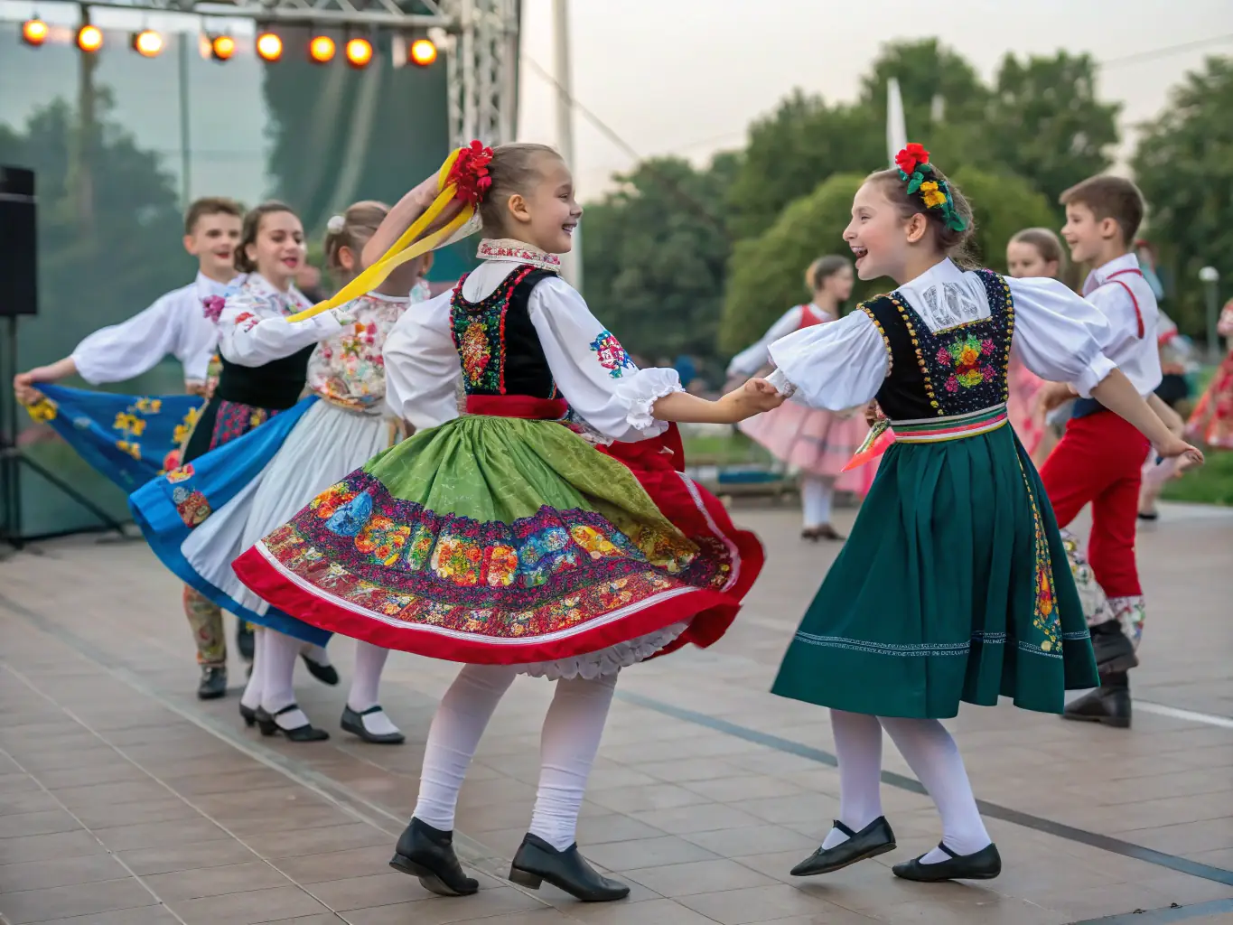 A group of children performing a traditional German folk dance, highlighting the cultural activities that promote understanding and appreciation.