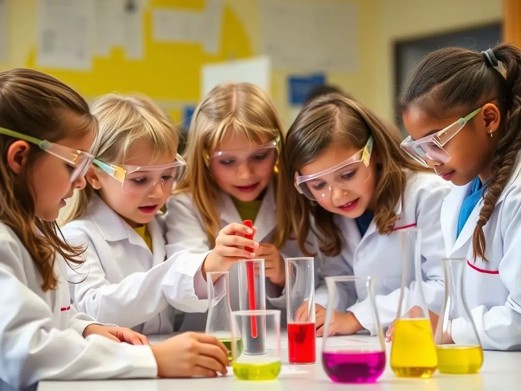 Children engaged in a hands-on science experiment, demonstrating the integration of STEM education with bilingual learning.