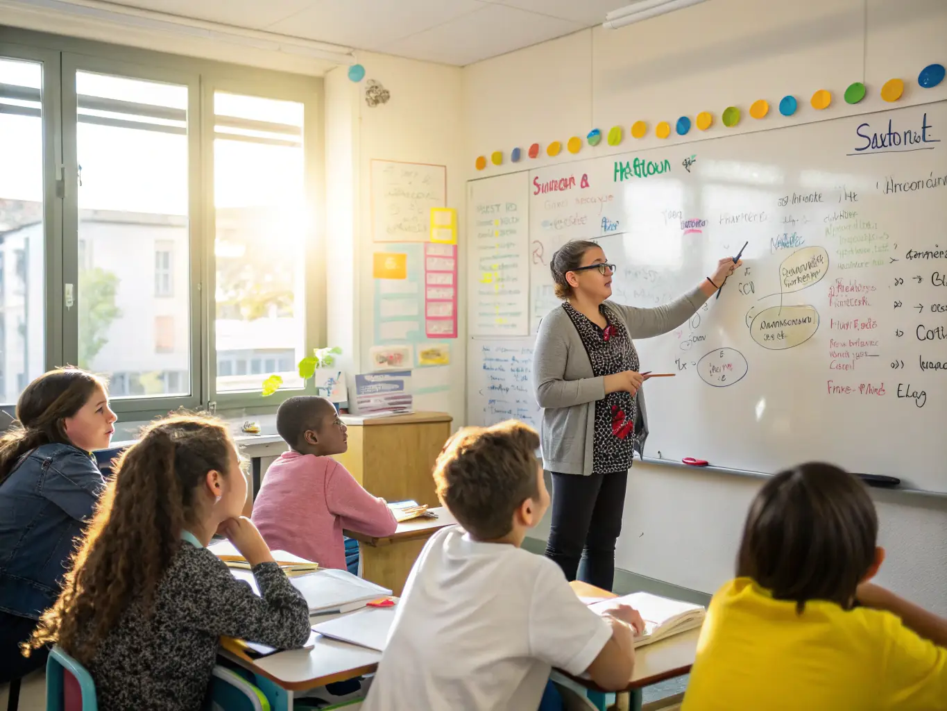 A classroom scene with children actively participating in a French language lesson, showcasing interactive learning and cultural exchange.