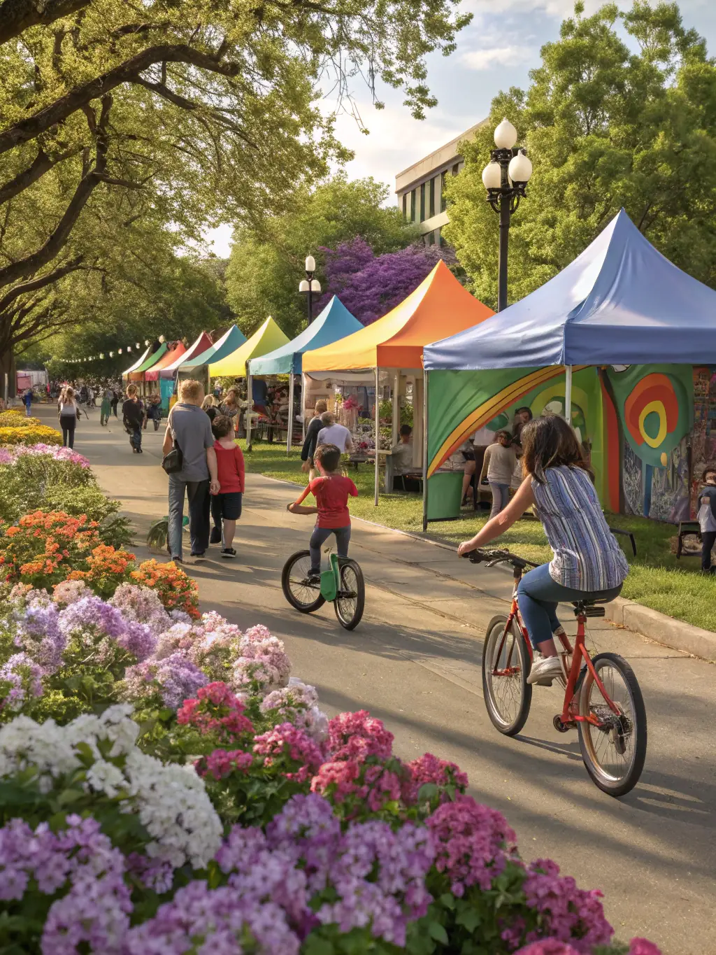 Families and individuals enjoying a community bike day, with activities and safety workshops promoting cycling.
