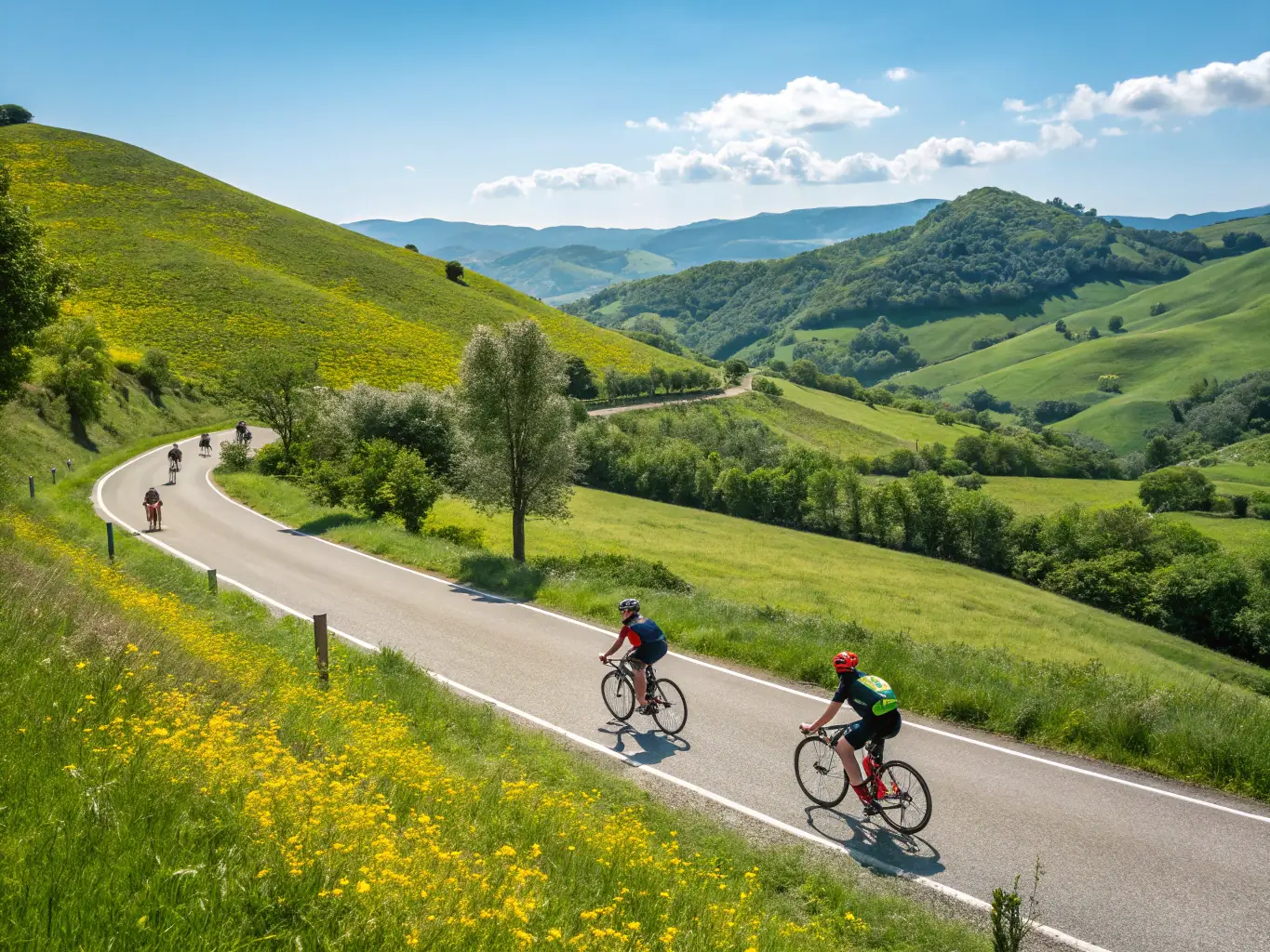 A group of cyclists riding together on a sunny day through a vineyard, showcasing the social aspect of the CYCLO-CLUB SAVERDUNOIS.