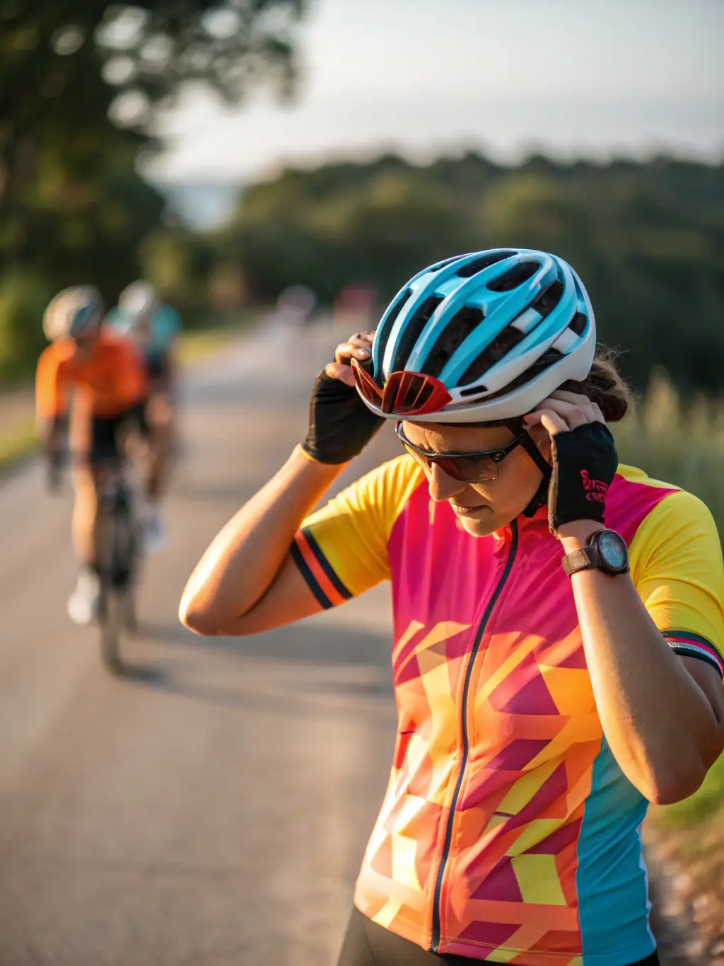 A cyclist wearing safety gear and participating in a workshop, highlighting the club's focus on safety and education.